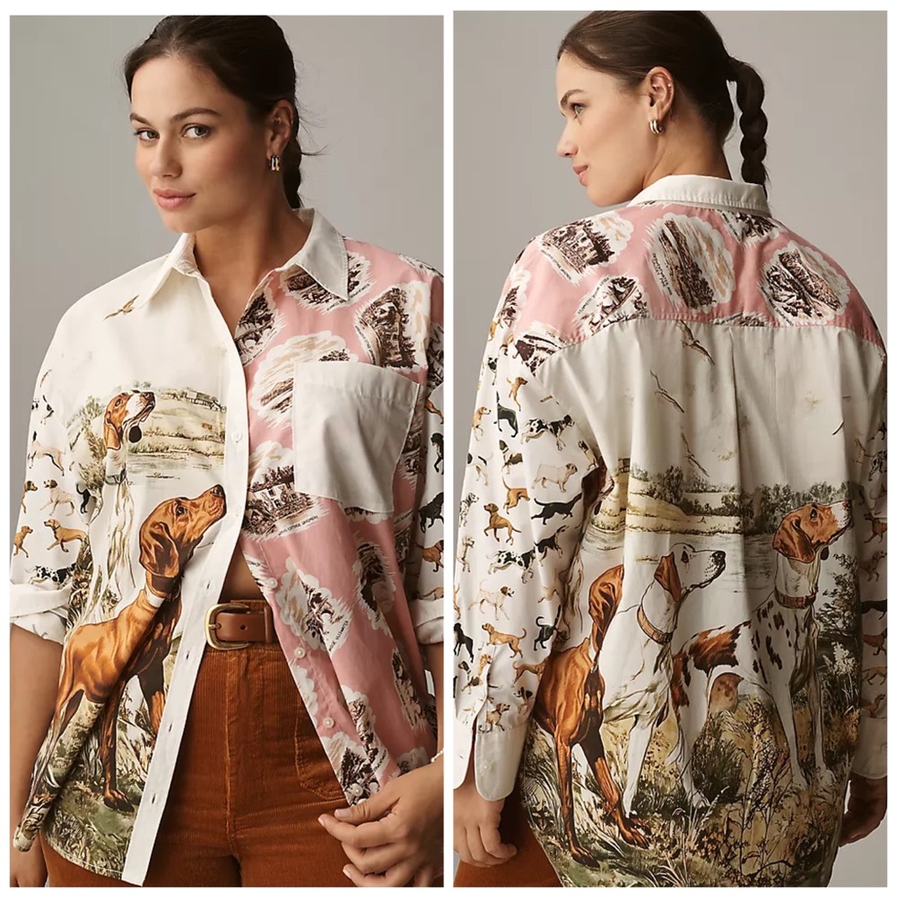 Anthropologie The Bennet Buttondown Shirt Dog Print XXS Petite